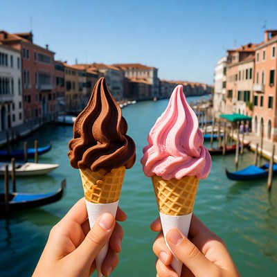Hands Holding Chocolate and Pink Ice Cream Cones Venice