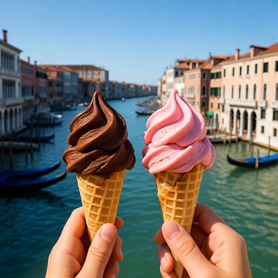 Hands Holding Chocolate and Pink Ice Cream Cones Venice