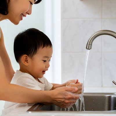 Asian mother helping toddler wash hands