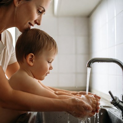 Mother helping baby wash hands in sink