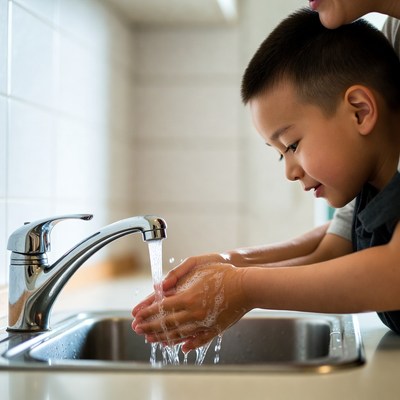 Boy washing hands at kitchen sink