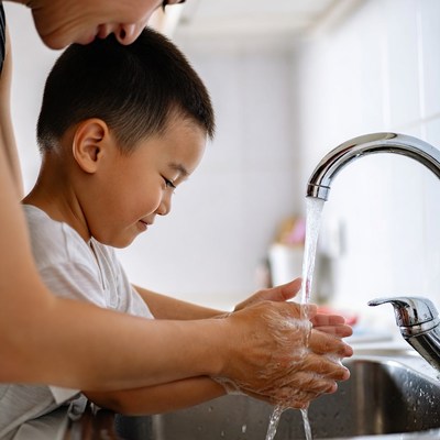 Mother teaching boy handwashing
