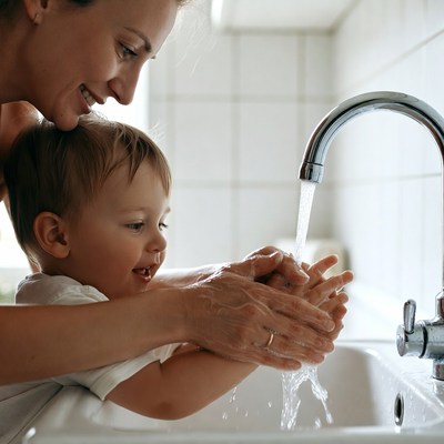 Mother helping toddler wash hands