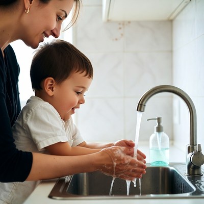 Mother helping boy wash hands