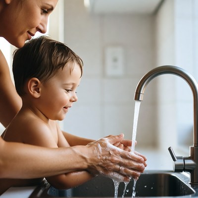 Mother helping toddler wash hands