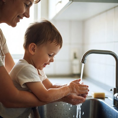 Mother helping toddler wash hands
