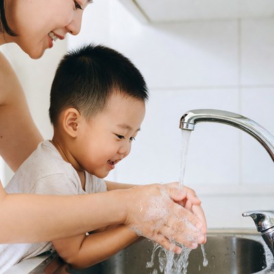 Asian mother teaching boy handwashing