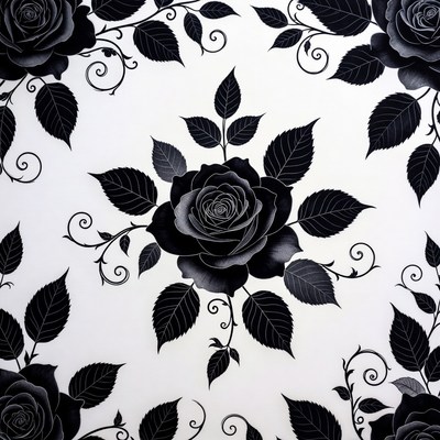 Black Roses with Leaves Pattern