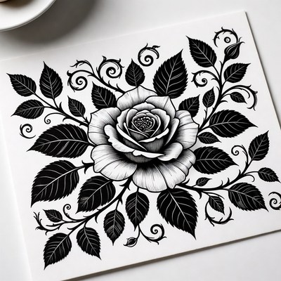Black Ink Rose with Leaves