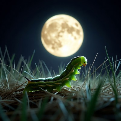 Green caterpillar on grass under full moon