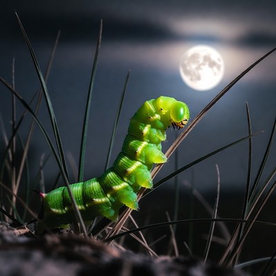 Green caterpillar on grass under moonlight