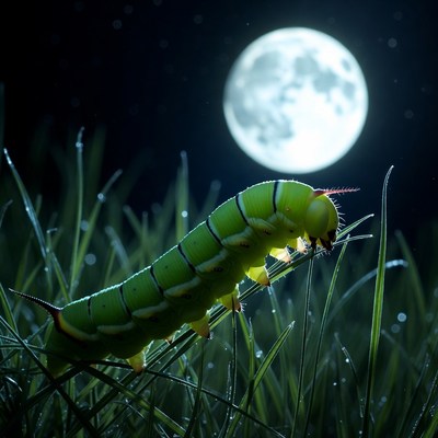 Green caterpillar on grass under moon