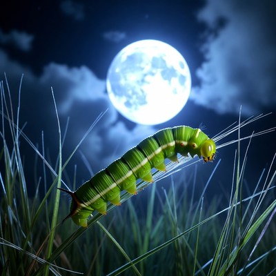 Green caterpillar on grass under full moon