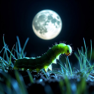 Green caterpillar on grass under full moon
