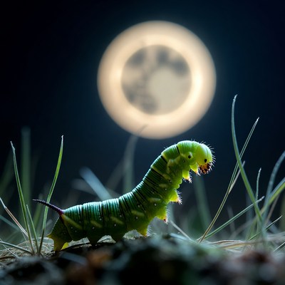 Green caterpillar on grass under moon