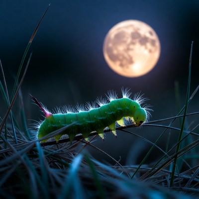 Green caterpillar on grass under full moon