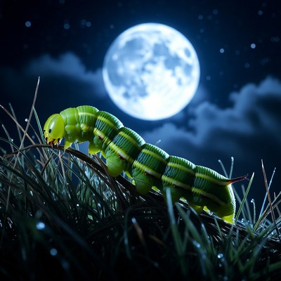 Green caterpillar on grass under full moon