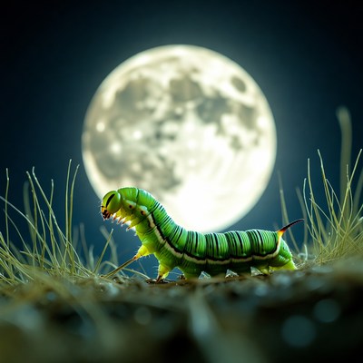 Green caterpillar on grass under moon