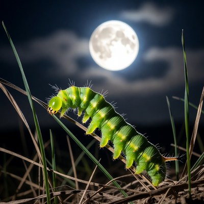 Green caterpillar on grass under full moon