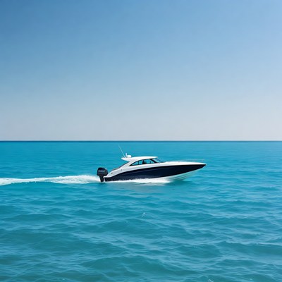 White speedboat cruising turquoise ocean