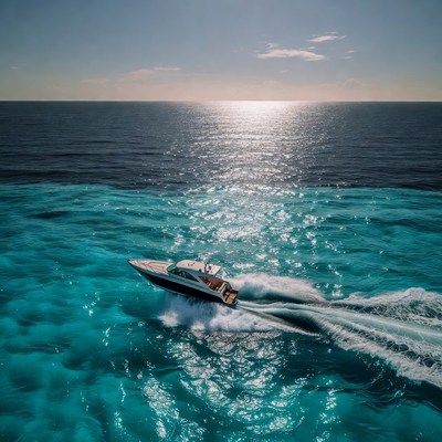 Speedboat racing turquoise ocean sunset