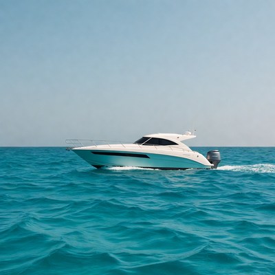 White motor yacht cruising turquoise ocean