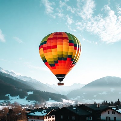 Colorful hot air balloon over snowy mountains
