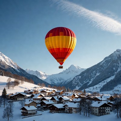 Red Hot Air Balloon Over Snowy Alpine Village