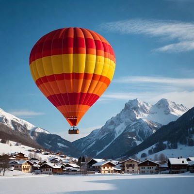Red Hot Air Balloon over Snowy Mountains