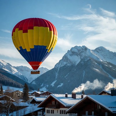 Colorful Hot Air Balloon over Snowy Mountains