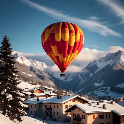 Hot Air Balloon over Snowy Alpine Village
