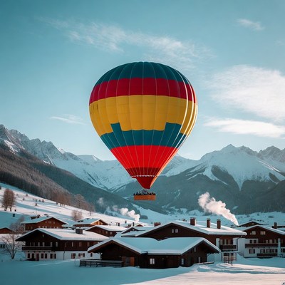 Hot Air Balloon Over Snowy Alpine Village