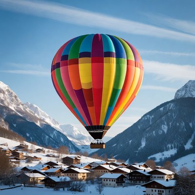 Colorful Hot Air Balloon over Snowy Mountains