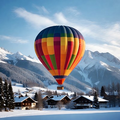 Colorful hot air balloon over snowy mountains