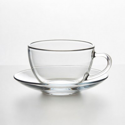 Clear Glass Teacup on Saucer