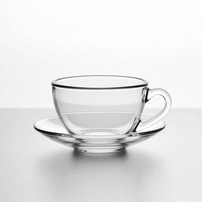 Clear glass teacup with saucer