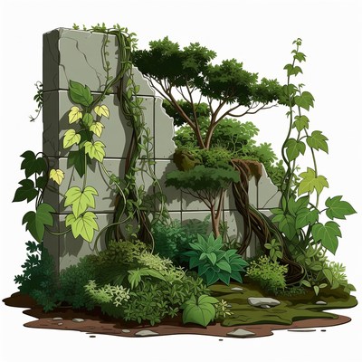 Ivy-covered ancient stone wall illustration
