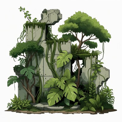 Jungle Overgrown Ancient Ruins Illustration
