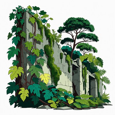 Ivy-Covered Ruined Stone Wall Illustration