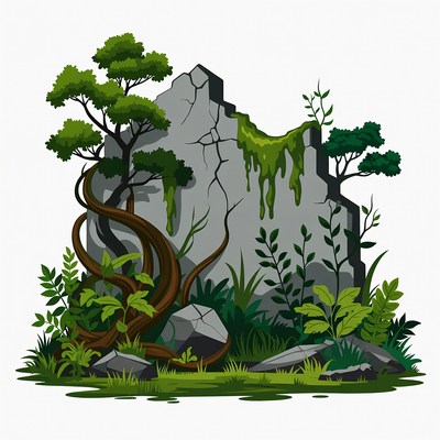 Mossy Rock with Jungle Plants