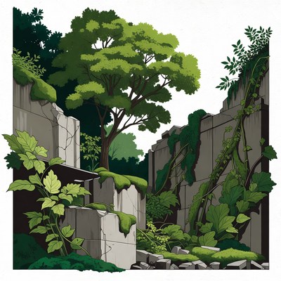 Ivy Covered Ruins with Lush Trees