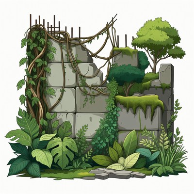 Ruined Stone Wall with Vines and Plants