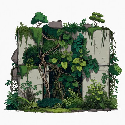 Overgrown Ruined Stone Wall Illustration