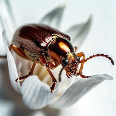 Bronze beetle on white flower