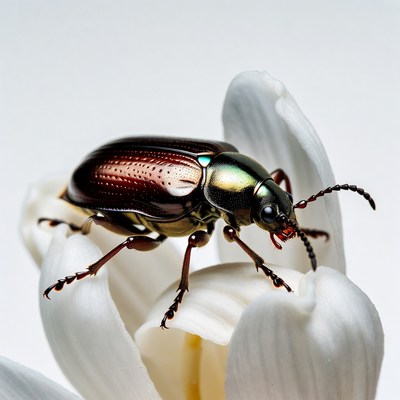 Shiny metallic beetle on white flower