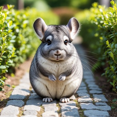 Chinchilla sitting on garden path