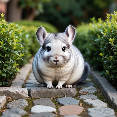 Chinchilla sitting on garden path