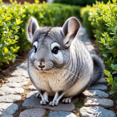 Chinchilla sitting on garden path