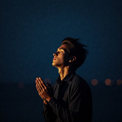 Young man praying with hands clasped