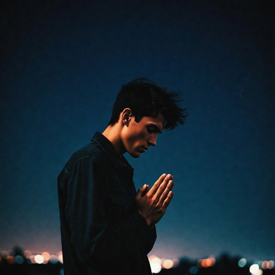 Man praying with hands clasped at night